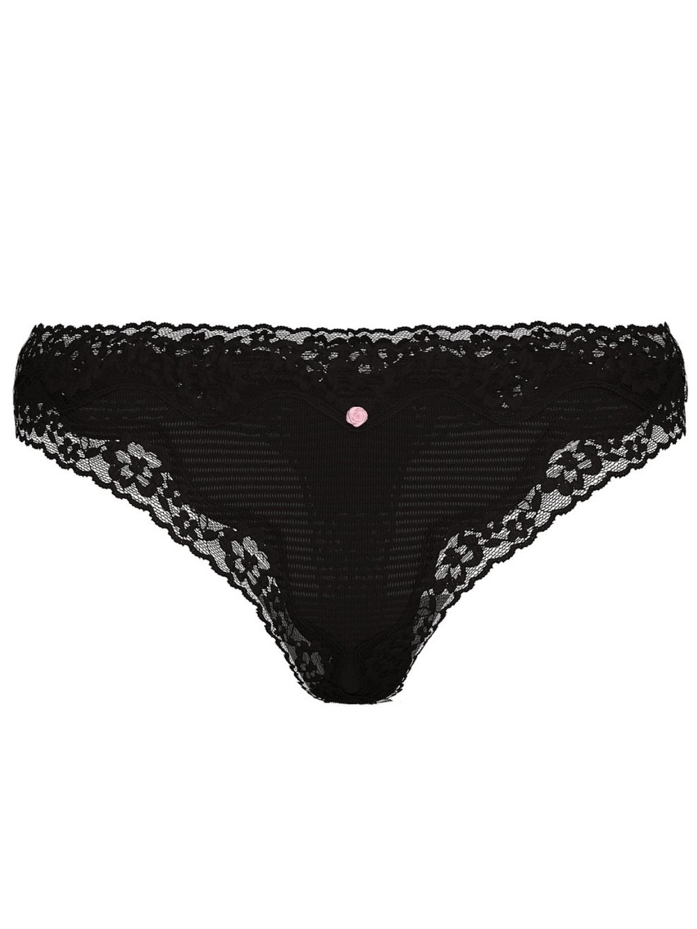 NWT Victoria's Secret Black Cotton Sheer Stripe & Lace Thong with Pink Rose Sz L